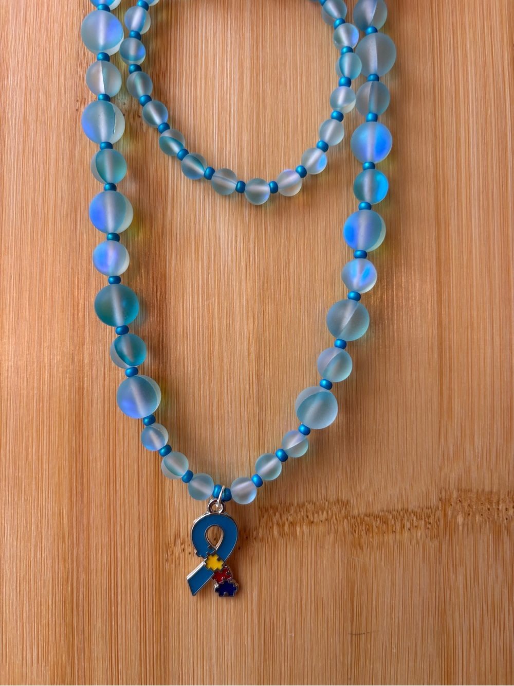 Blue Beaded Ribbon Pendant Necklace and Bracelet - Women Jewelry